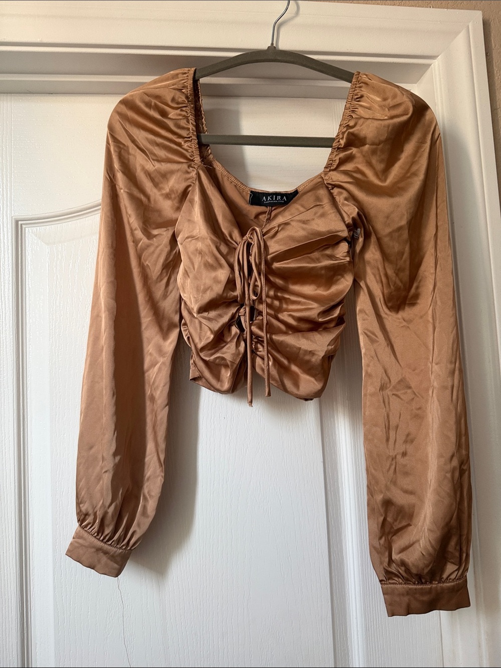 AKIRA Copper Satin Drawstring Ruched Long Sleeve Crop Top